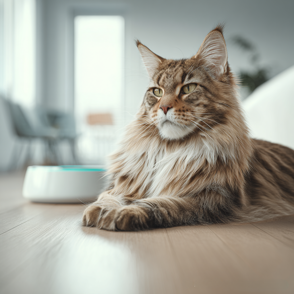 Large Maine Coon cat lounging indoors, showing Maine Coon size and fluffy coat.