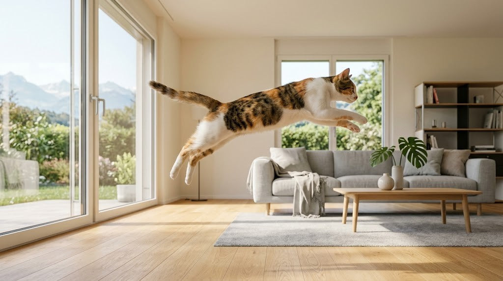 Calico cat leaping mid-air in a bright living room showing healthy joints and mobility.