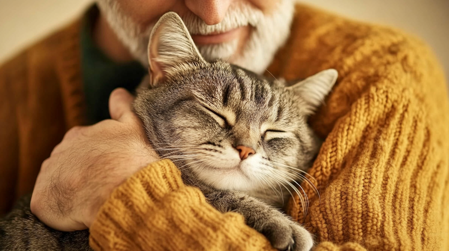 Elderly man with a white beard cuddling a content gray tabby cat, both appearing peaceful and affectionate.