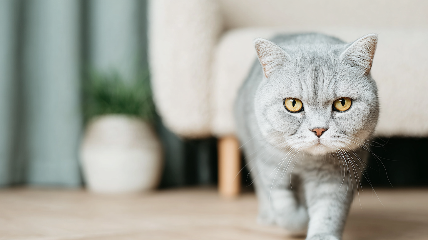 Chat gris à poil court avec des yeux ambrés marchant à l'intérieur près d'un canapé beige.
