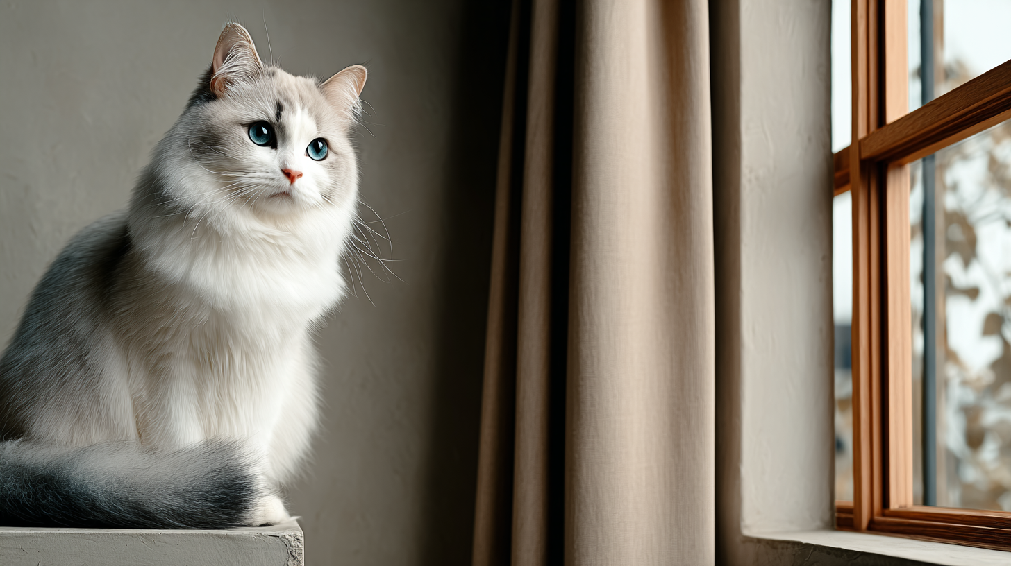 Blauäugige, flauschige Katze, die bei natürlichem Licht vor einem Vorhang sitzt.