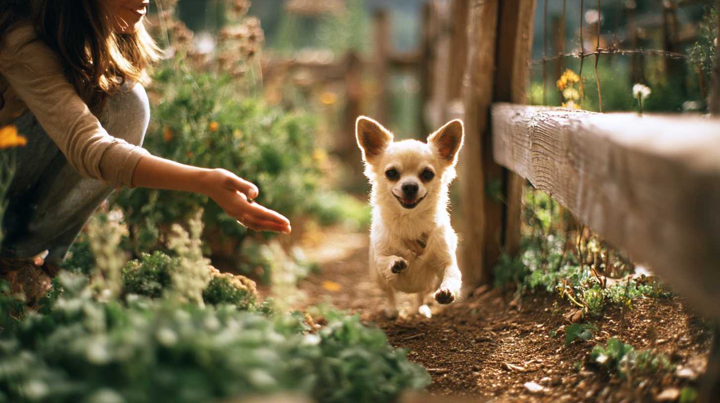 Chihuahua joyeux courant sur un chemin de jardin vers une main tendue