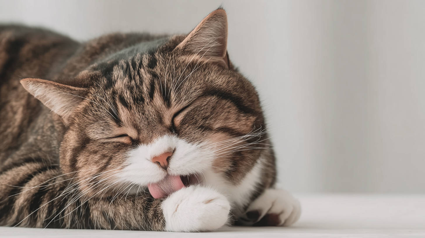 Tabby cat licking paw while resting on white surface.