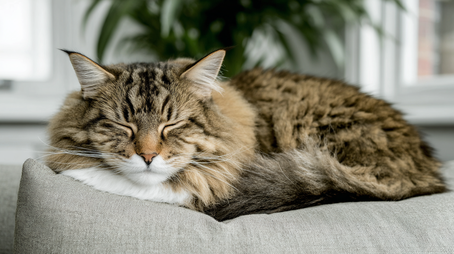 Long-haired tabby cat sleeping peacefully on a gray cushion indoors.