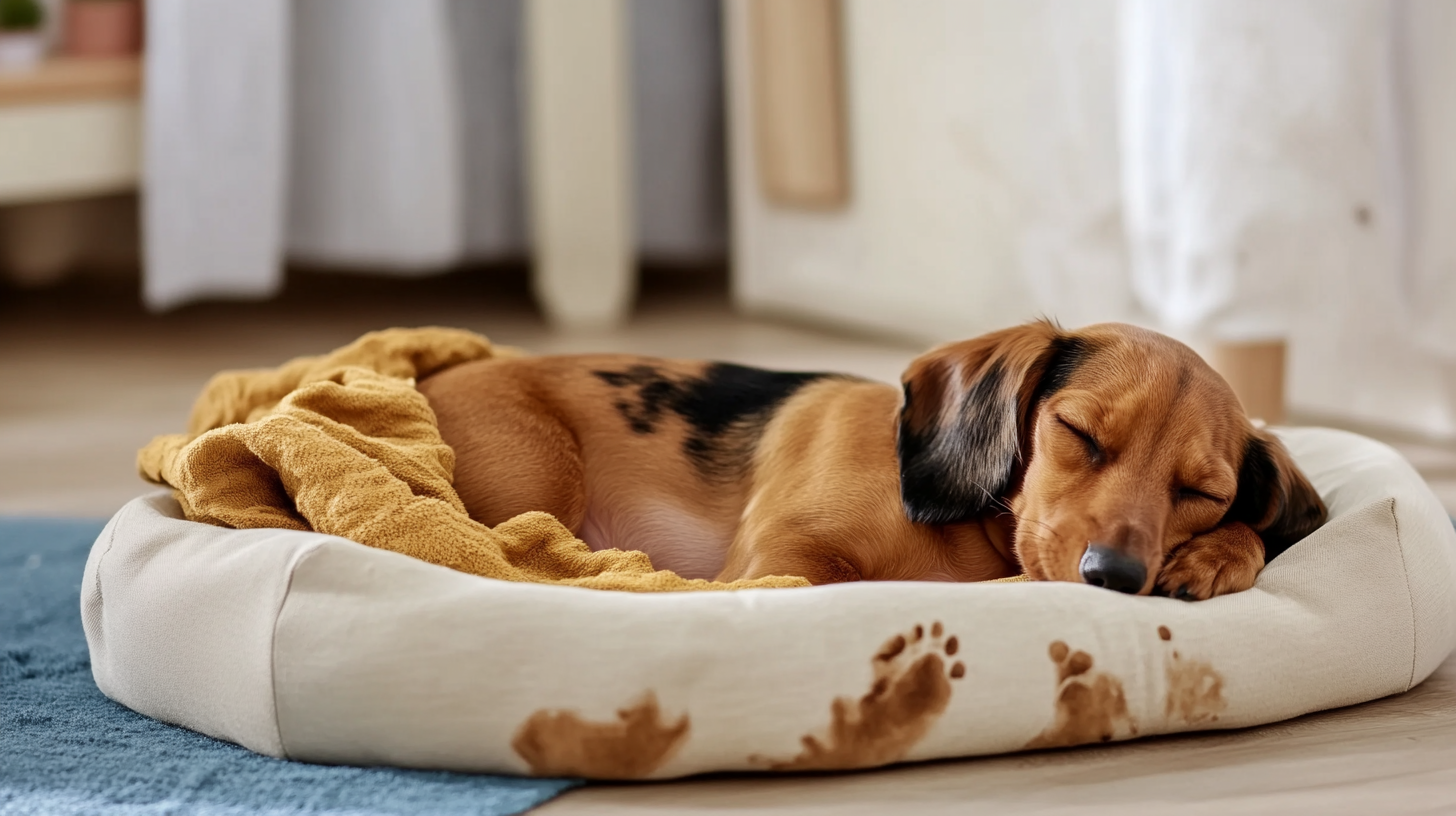 Cute beagle puppy sleeping peacefully in a cozy dog bed with a blanket in a warm, sunlit home environment