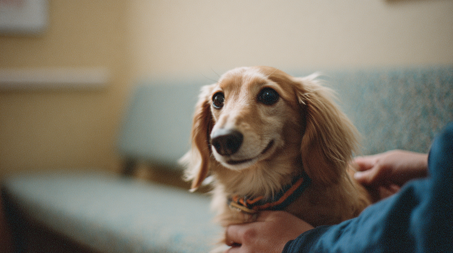 Smiling long-haired dachshund wearing a collar at a veterinary clinic