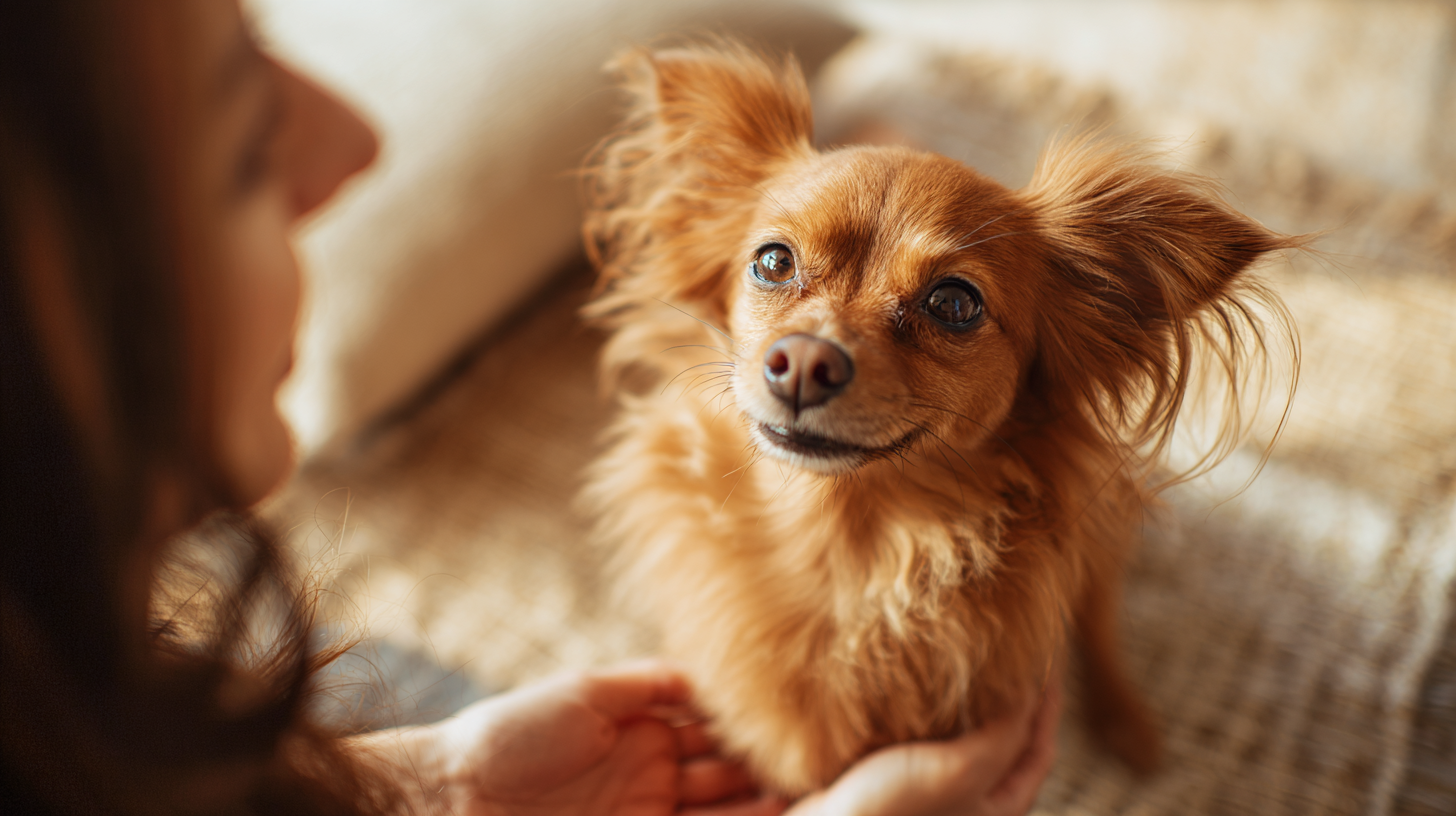 Kleiner langhaariger brauner Hund wird sanft im Haus gehalten