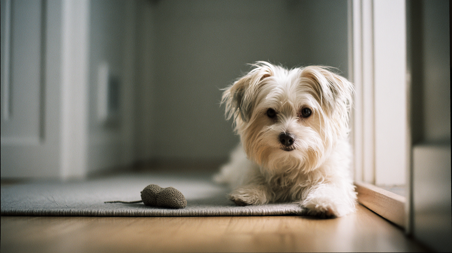 Small fluffy white dog lying on a rug with a chew toy nearby indoors