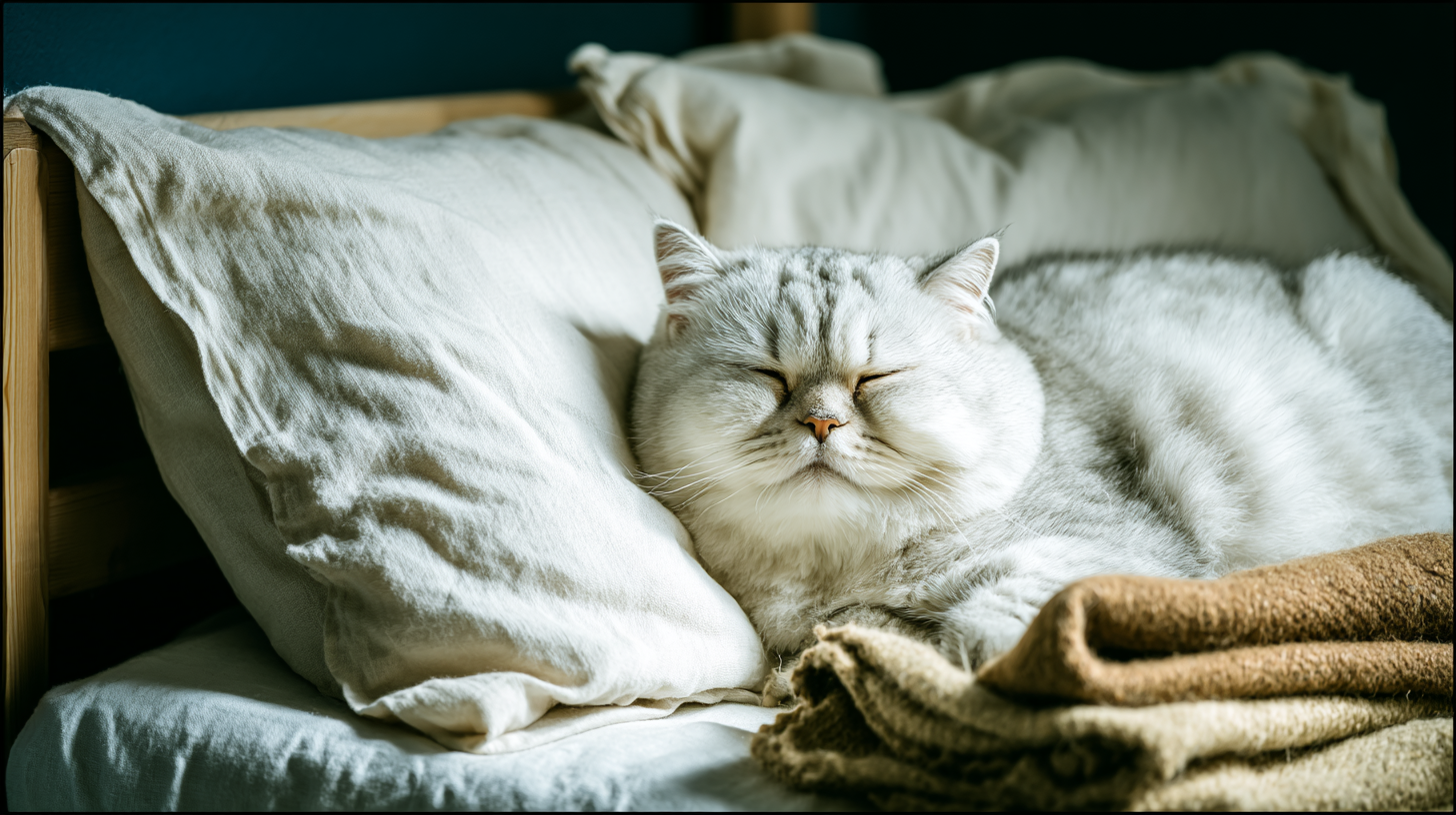 Mollige weiße Katze schläft friedlich auf einem gemütlichen Bett mit flauschigen Kissen und einer warmen Decke.