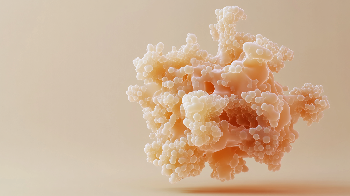 Visualisation microscopique d'une structure cellulaire ou moléculaire complexe dans les tons crème et pêche, montrant un groupe de sphères en forme de bulles disposées en nuage sur un fond beige clair.