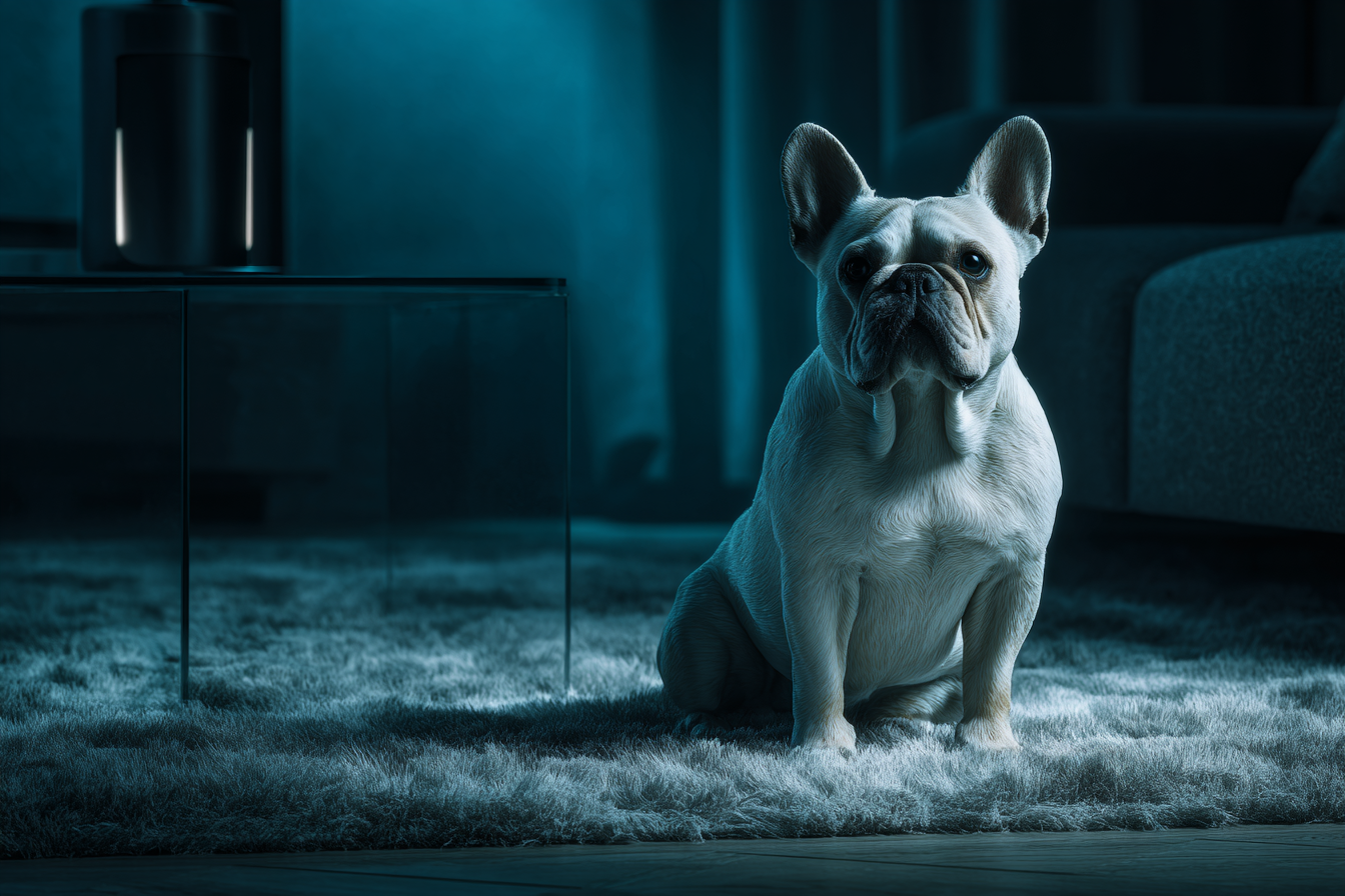 Französische Bulldogge sitzt nachts wachsam auf einem Teppich in einem schwach beleuchteten Wohnzimmer.