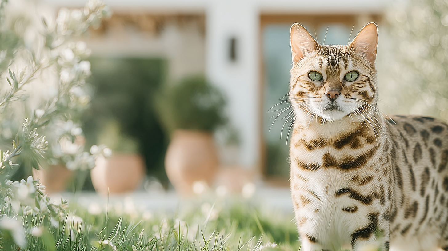 Bengal cat playing outdoors in sunny garden