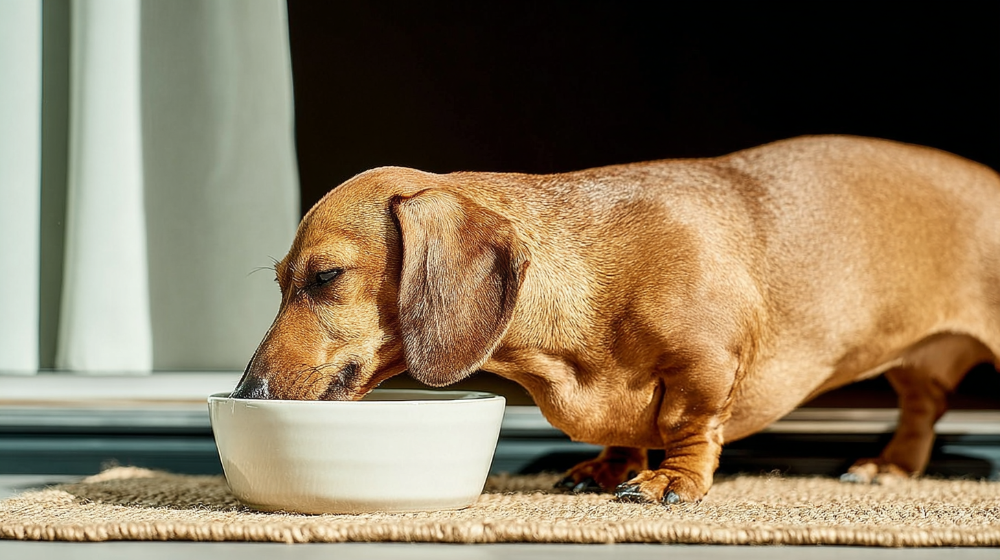 Dackel, der drinnen aus einem Napf frisst, zur Veranschaulichung von Tipps für eine gesunde Gewichtszunahme bei Hunden