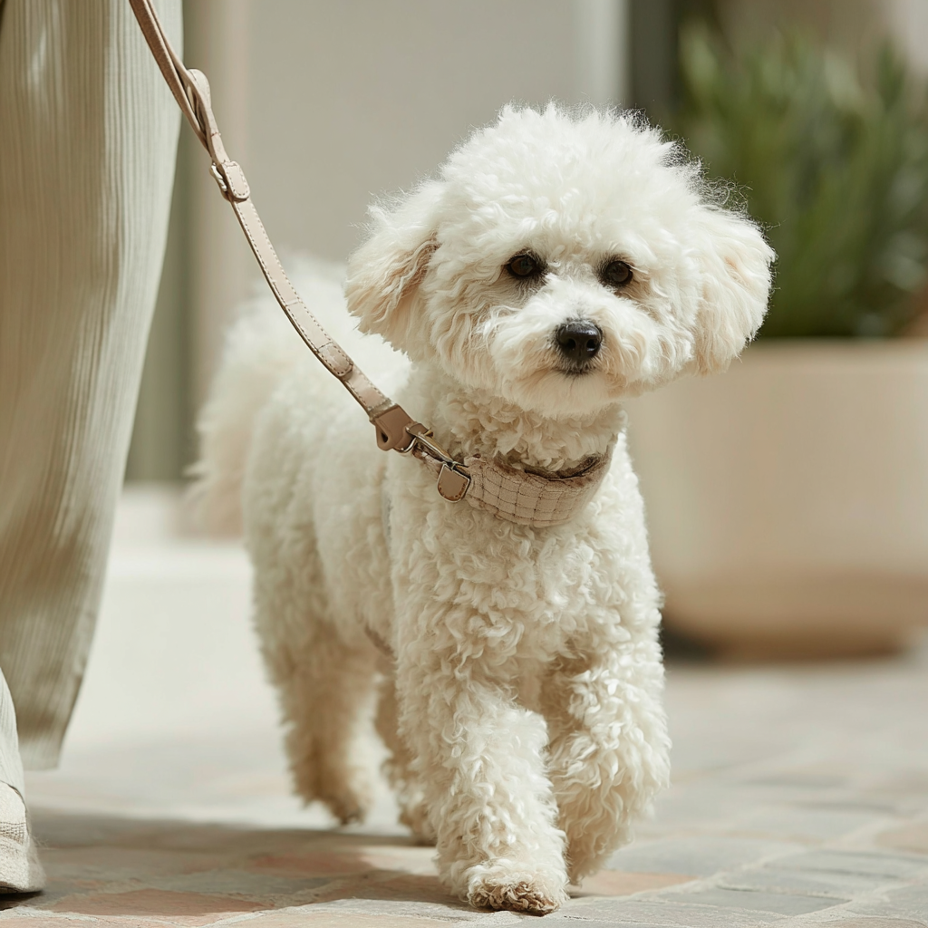 Small white poodle on a leash walking beside owner outdoors