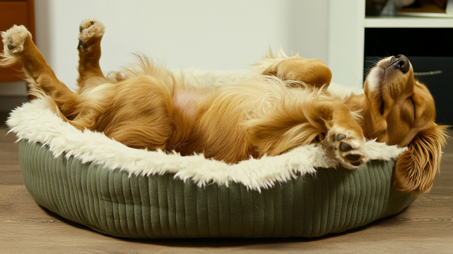 A golden-colored dog lying on its back in a plush dog bed, peacefully sleeping with paws in the air.