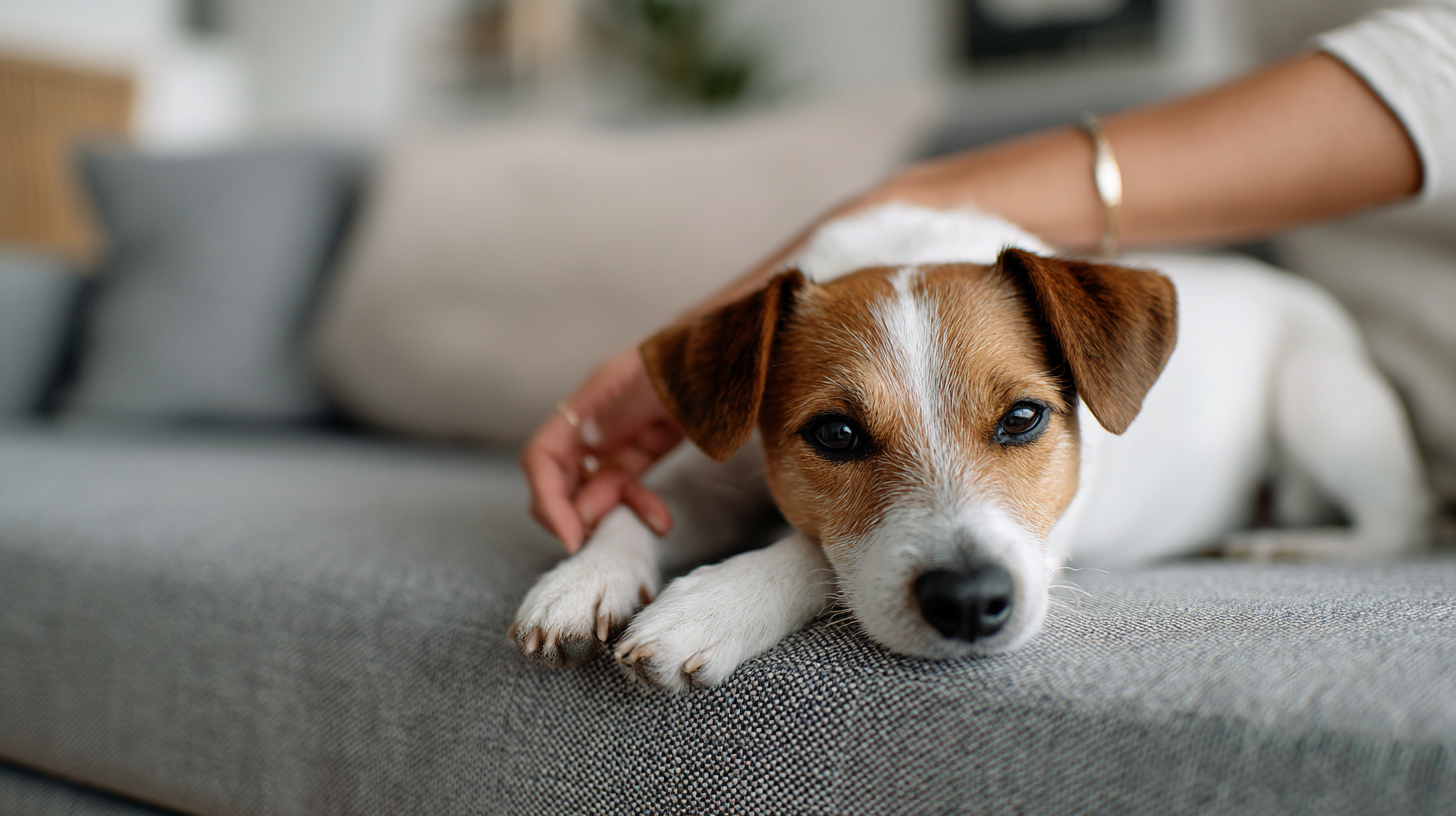 Relaxed Jack Russell Terrier lying on couch with owner's hand nearby