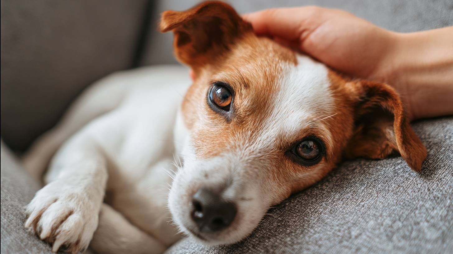 Relaxed Jack Russell Terrier being petted while lying on a couch.