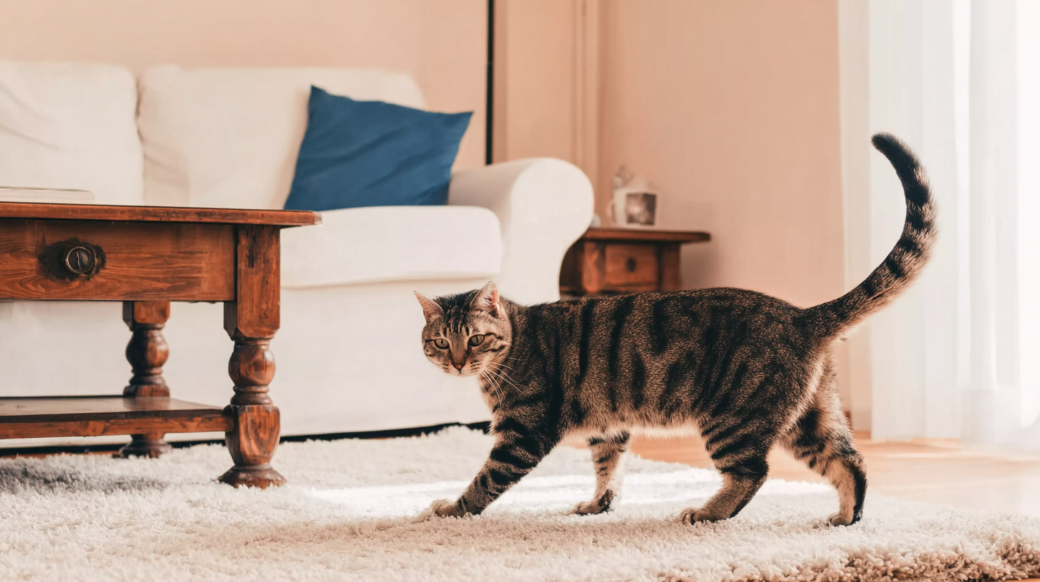 Tabby cat walking on carpet in a cozy living room with white armchair and blue cushion
