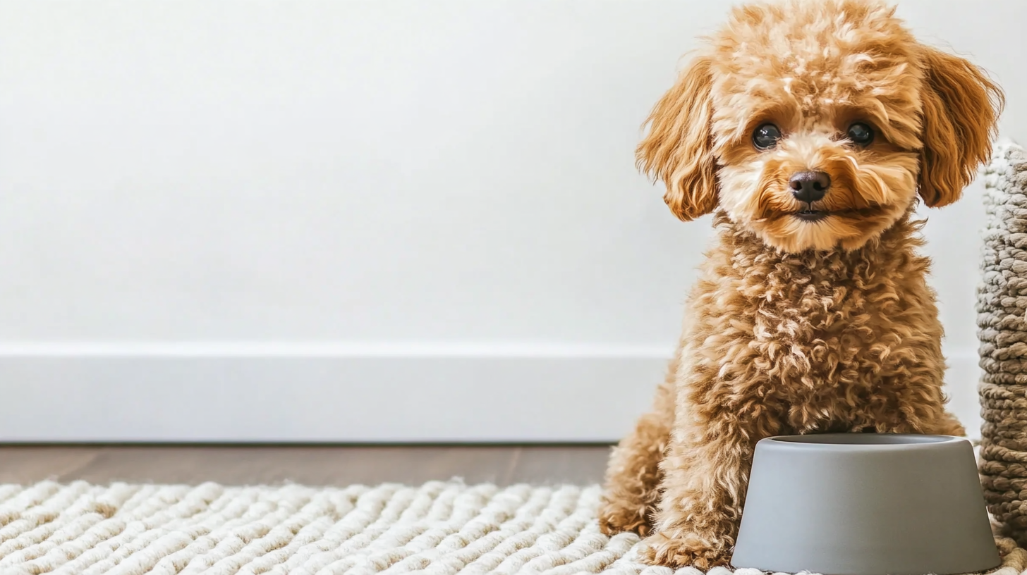 Adorable curly-haired toy poodle sitting by a food bowl on a cozy rug, waiting to eat in a modern home setting