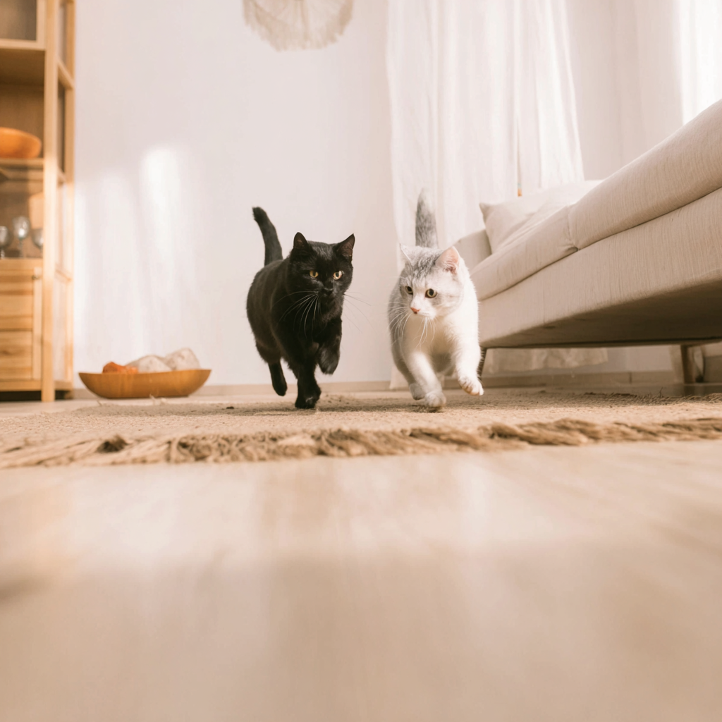 Schwarze und weiße Katzen, die zusammen in einem Haus auf einem Holzboden laufen, während das Sonnenlicht durch die Vorhänge fällt