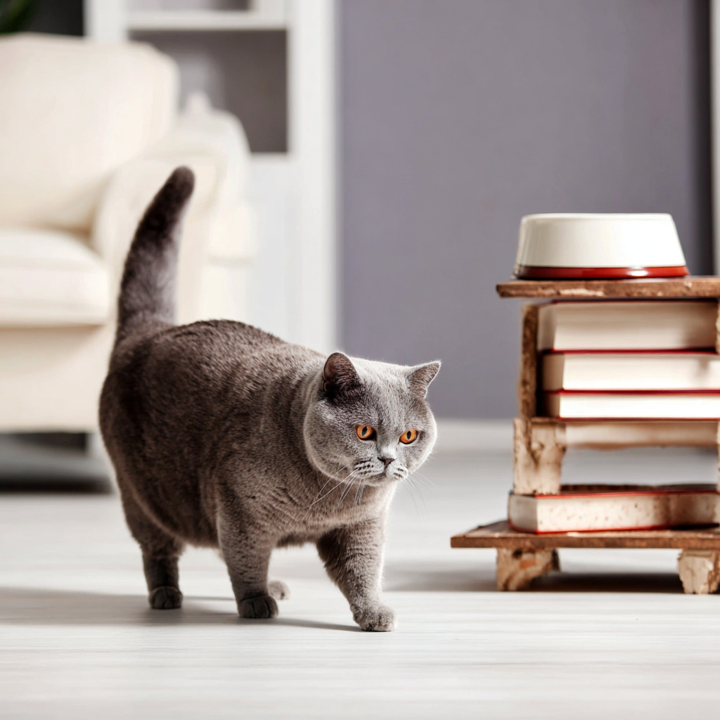 Chat British Shorthair marchant avec confiance dans un salon lumineux, près d'une mangeoire en bois et de livres, dans un décor minimaliste.