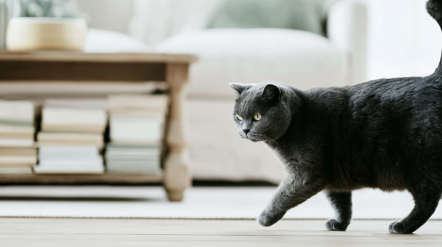 British Shorthair cat walking indoors in a cozy living room with wooden table and books