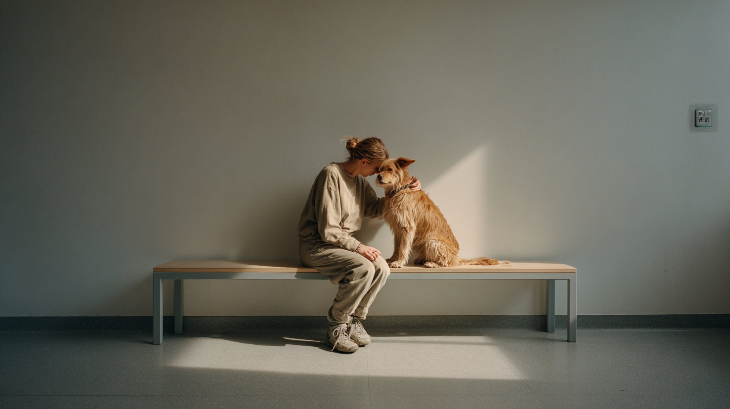 Woman sitting on bench nuzzling a golden retriever in sunlit room