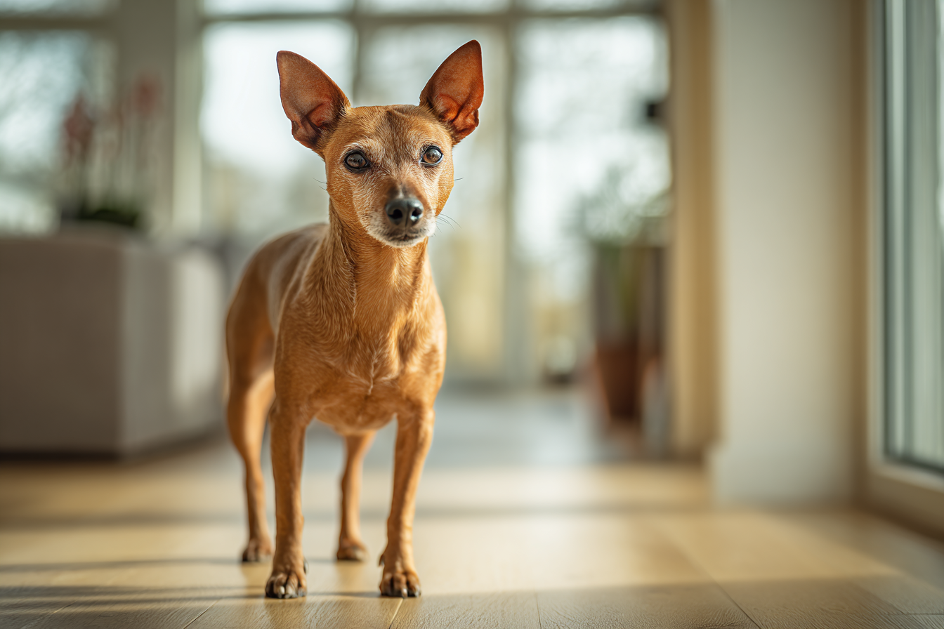 Miniature Pinscher standing alert on wooden floor in sunlit modern home interior