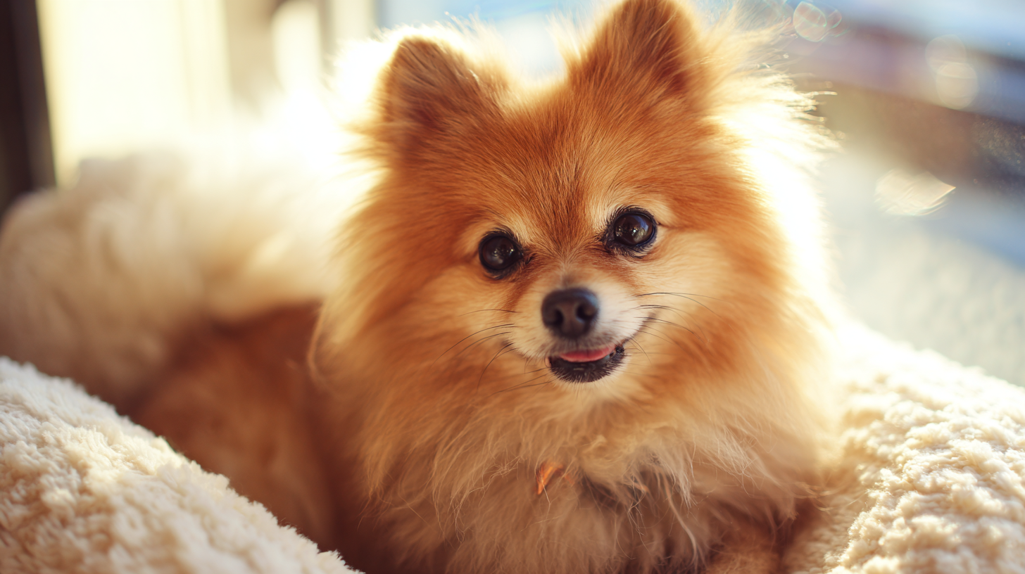 Smiling Pomeranian lying on a soft bed in sunlight, illustrating canine joint health and comfort