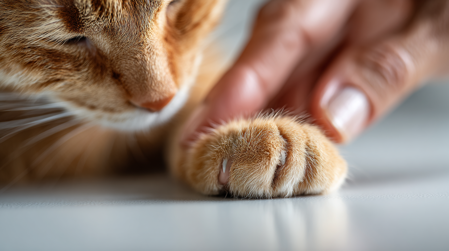 Orange cat’s paw being examined to find why the cat is limping.
