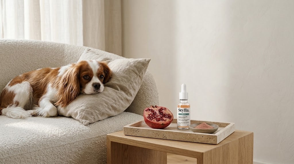 Granatapfelextrakt für Haustiere: Cavalier King Charles Spaniel ruht neben einem halbierten Granatapfel und einer Tropfflasche