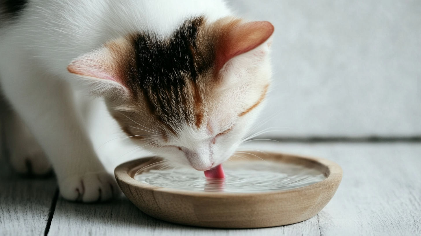 Image 1 : "Un chat calicot buvant de l'eau dans un bol en bois".
