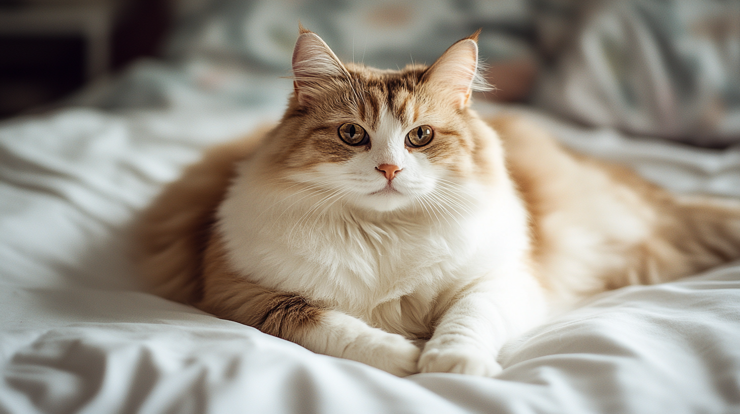 Fluffy cream and ginger cat lying on a white bed, looking calmly at the camera in a softly lit bedroom