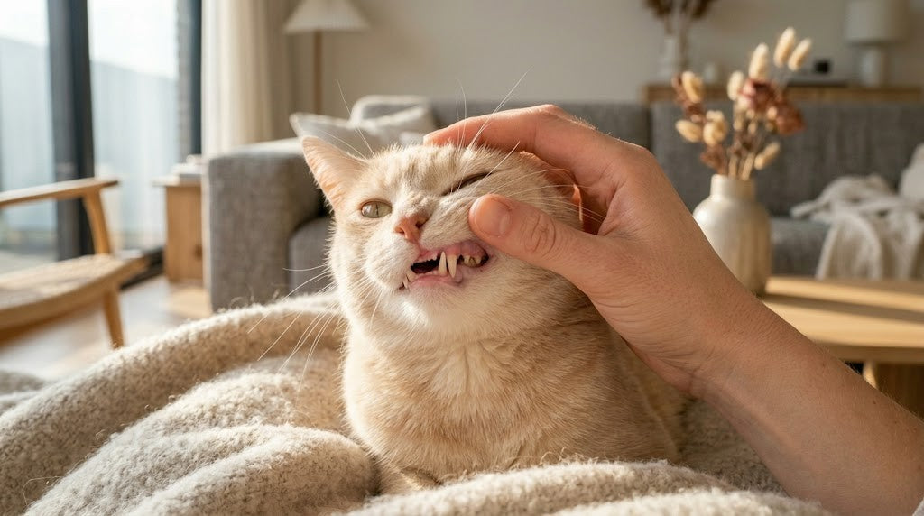 Cat dental care at home — owner lifting a cat's lip to inspect teeth and gums.