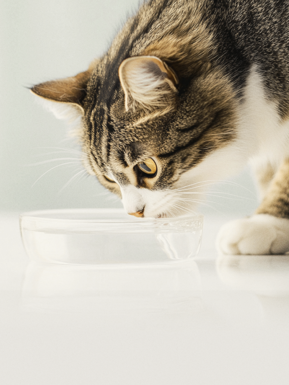 A curious cat bends down to drink from a bowl, its whiskers brushing the rim.