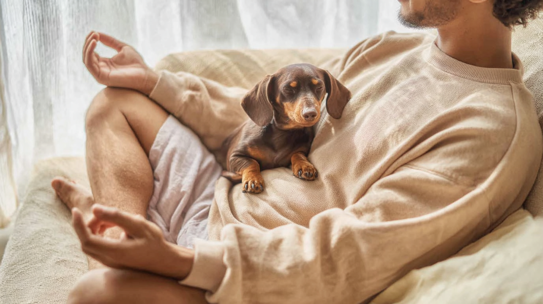 Small dachshund resting on their guardian’s chest, both in soft tones, in a calm and sunlit atmosphere.