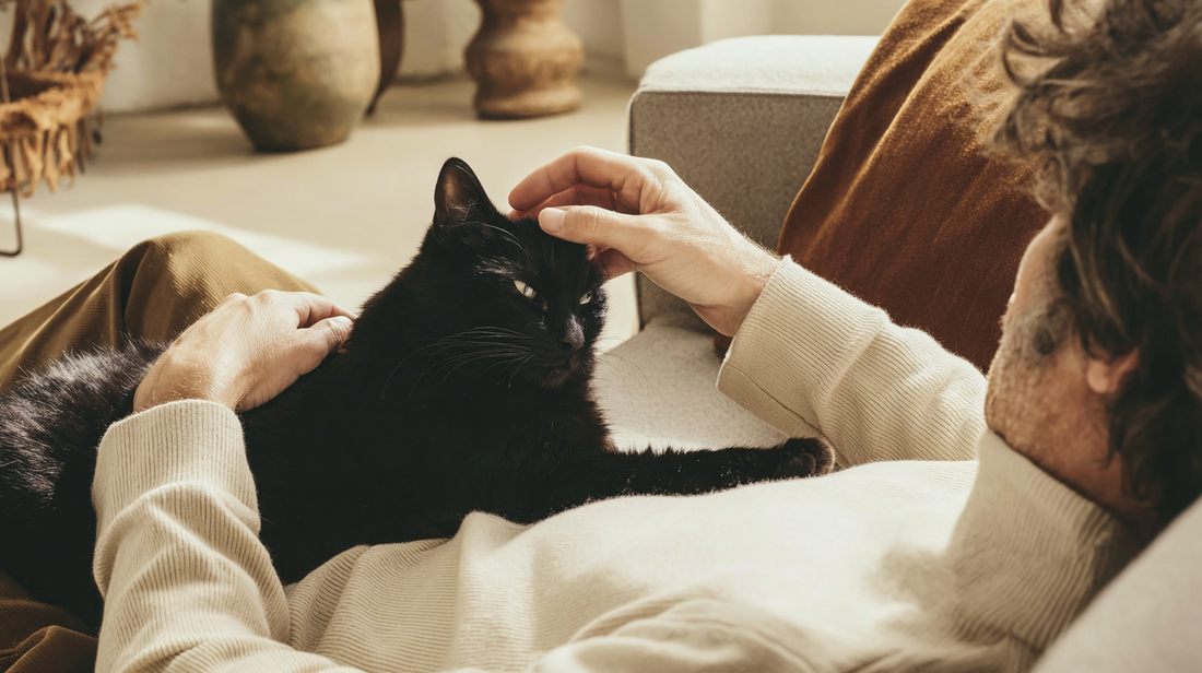 Man gently petting a relaxed black cat lying on his chest in a cozy home setting