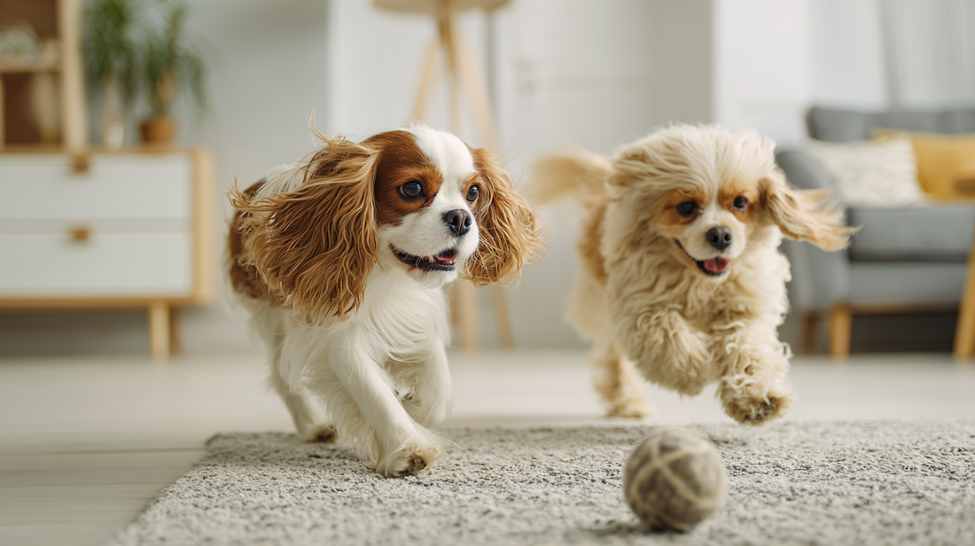 Two small dogs playing indoors with a toy ball on a carpeted floor.