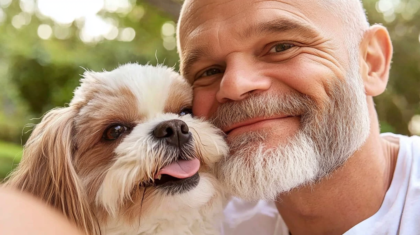 A smiling older man with a grey beard taking a close-up selfie with a happy Shih Tzu dog, both enjoying a moment outdoors.
