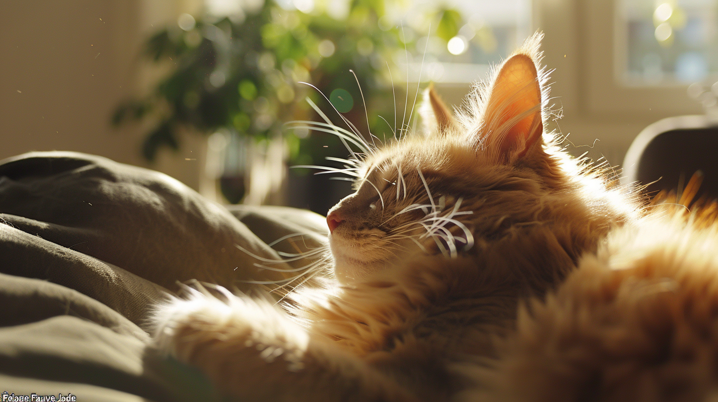 Sunlit close-up of a ginger cat resting on a bed, soft fur and skin health focus for cat dandruff article