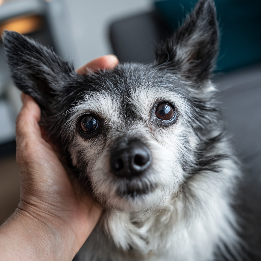 Senior dog with gray muzzle receiving gentle care and affection at home