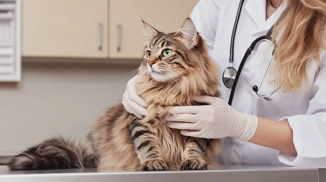 A fluffy tabby cat being gently examined by a veterinarian wearing white gloves and a stethoscope.