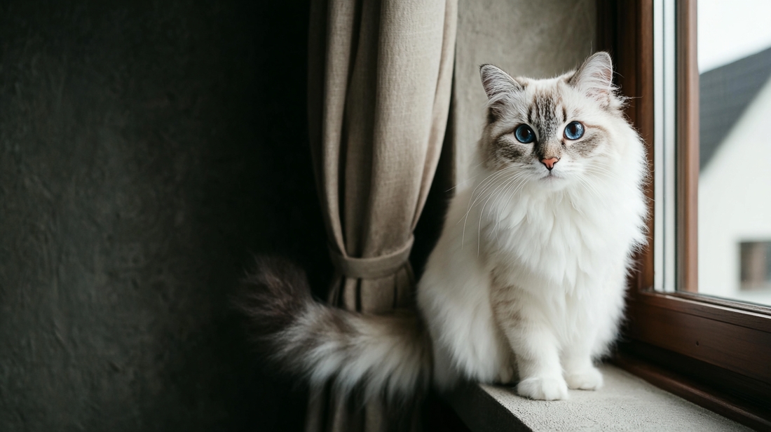 Fluffy white and gray cat with striking blue eyes sitting on a windowsill beside beige curtains.