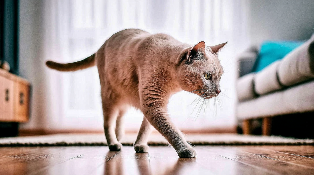 Beigefarbene Katze, die anmutig über einen Holzboden läuft, in natürliches Licht getaucht, in einem ruhigen, heiteren Innenraum.
