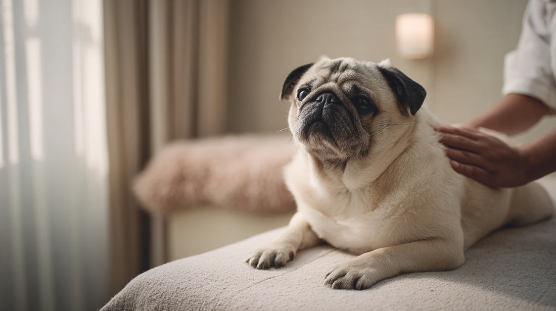 Fawn pug resting on a bed in a cozy, softly lit bedroom.