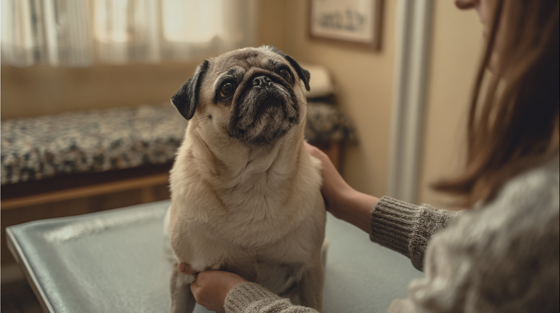 Mops wird während einer tierärztlichen Untersuchung im gemütlichen Untersuchungsraum getröstet.