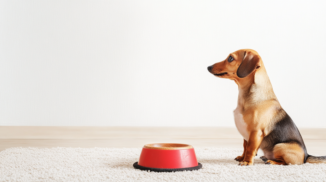 Small brown and black dachshund sitting on a light carpet next to an empty red dog bowl, looking upward with anticipation.