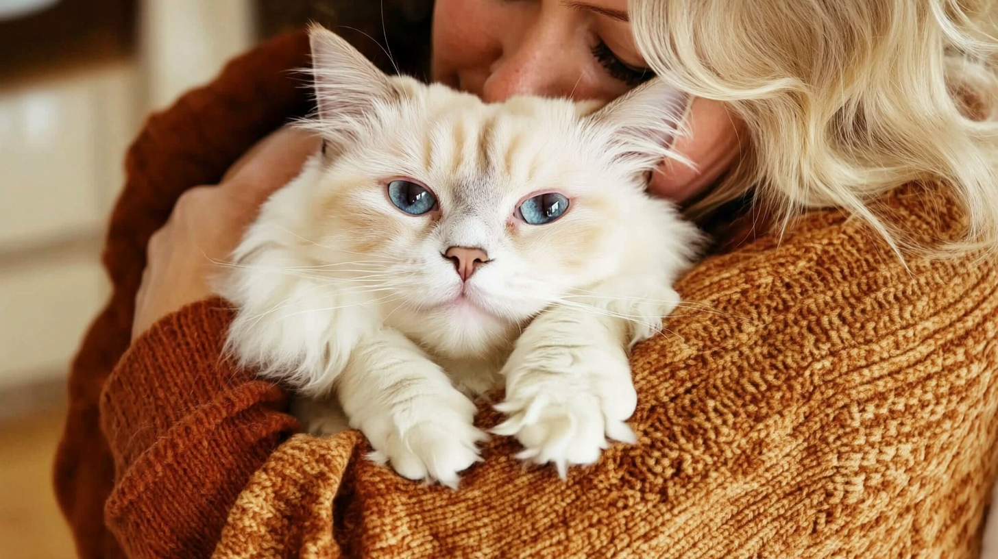 Frau, die eine flauschige weiße Katze mit blauen Augen in einem kuscheligen Pullover umarmt.