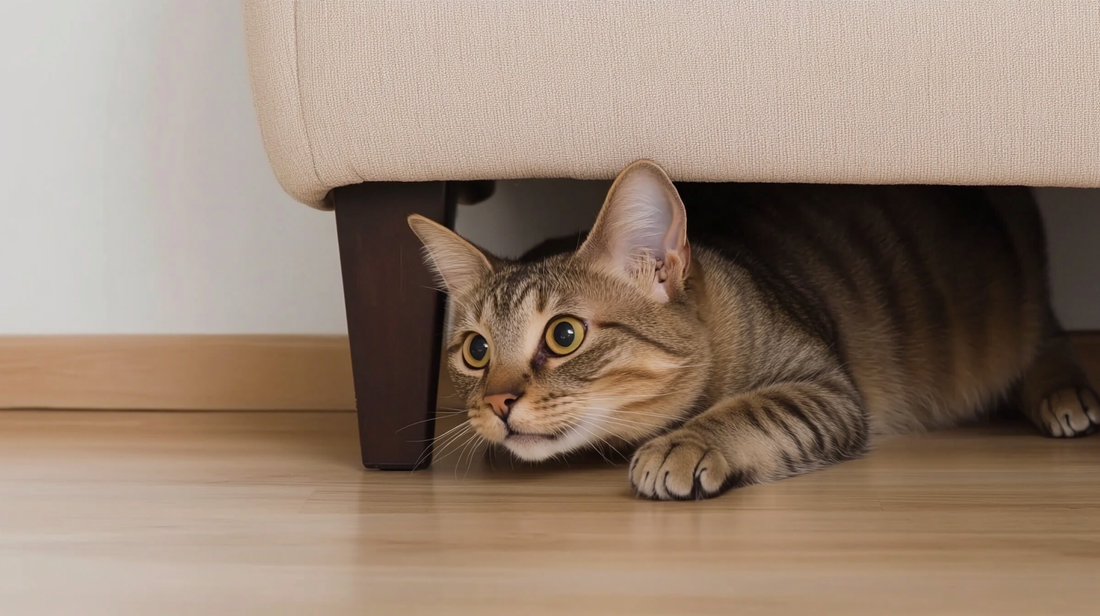 A tabby cat crouching under a beige couch with wide, alert eyes, peeking out cautiously.