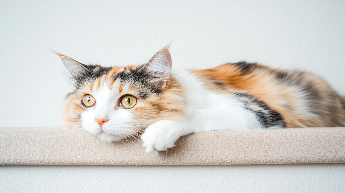 Calico cat with golden eyes lying peacefully, illustrating feline well-being and the benefits of omega-3s for cat health